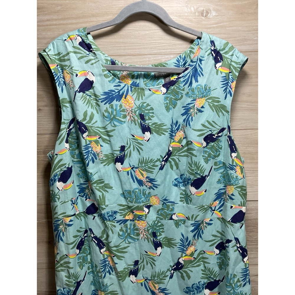 Jessica London 18W Linen Blend Dress Turquoise Floral Bird Print Lined - Picture 3 of 13